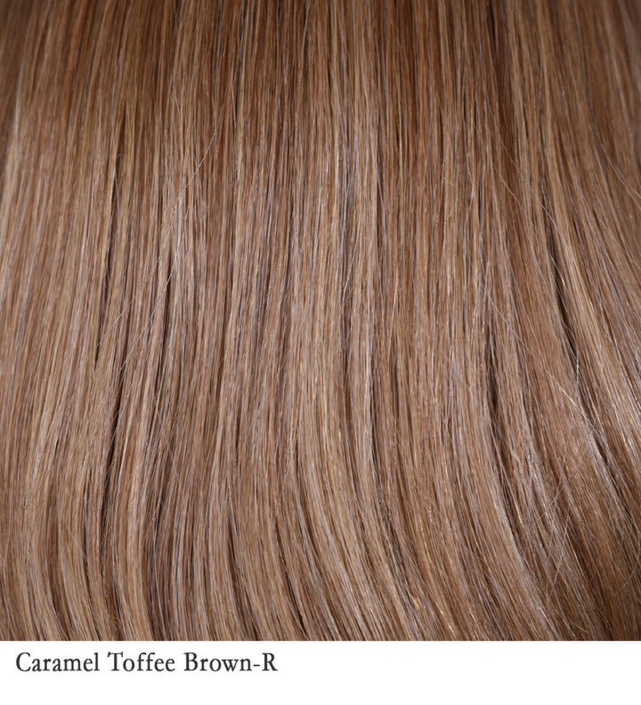 Caramel Toffee Blonde-R 14/25/613+8 | Toffee hair color is a dimensional look that blends a medium brown base with golden blonde and light caramel brown strands. This shade features warm, golden brown tones with hints of blonde, creating a rich and multidimensional appearance. The "R" indicates a rooted effect, with slightly darker roots providing a natural-looking depth.