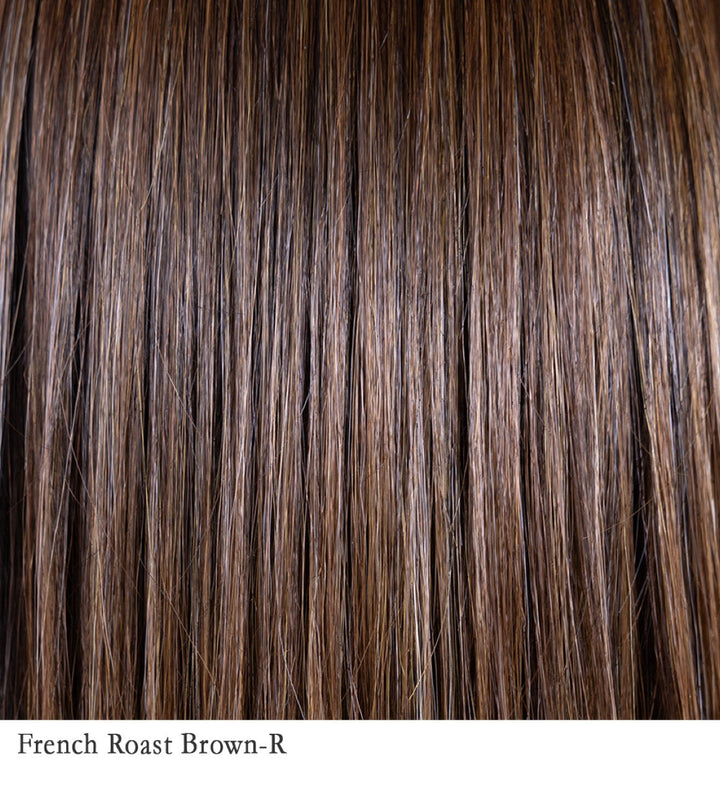 French Roast Brown-R 4/12/27+4 | A rich, multidimensional brunette shade inspired by the deep hues of French roast coffee. This color features a dark brown base interwoven with warm bronze or subtle red undertones, creating a vibrant and dynamic appearance. The "Rooted" aspect indicates slightly darker roots, adding depth and a natural regrowth effect. This combination creates a sophisticated and seamless blend, offering a luxurious and natural-looking hair color.