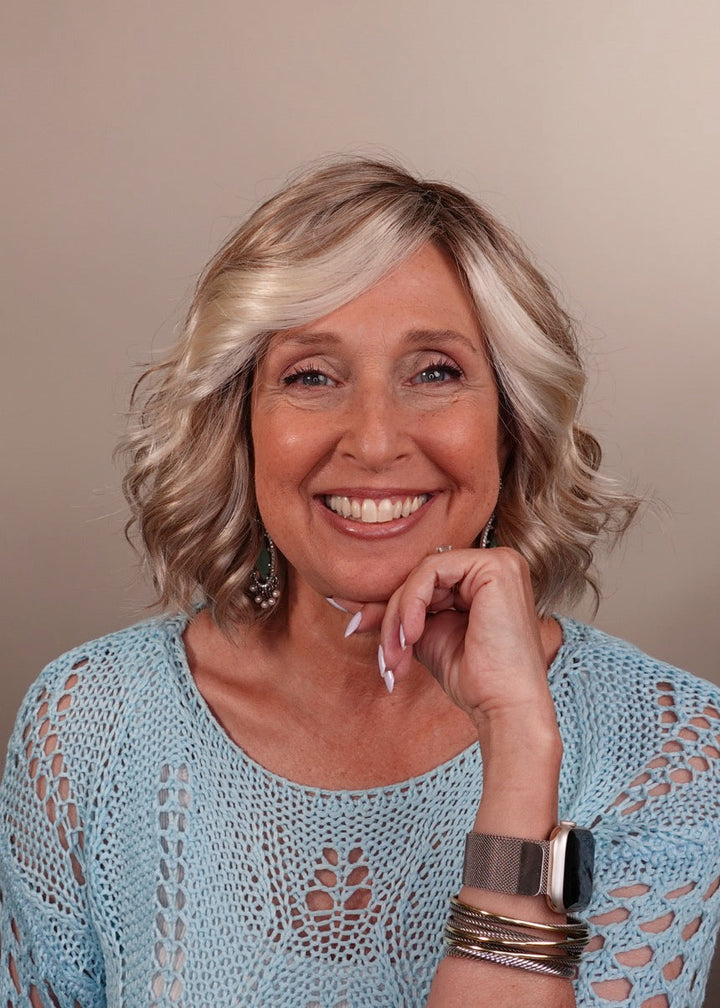 Frannie wearing January in Hand Tied Catalina Blonde