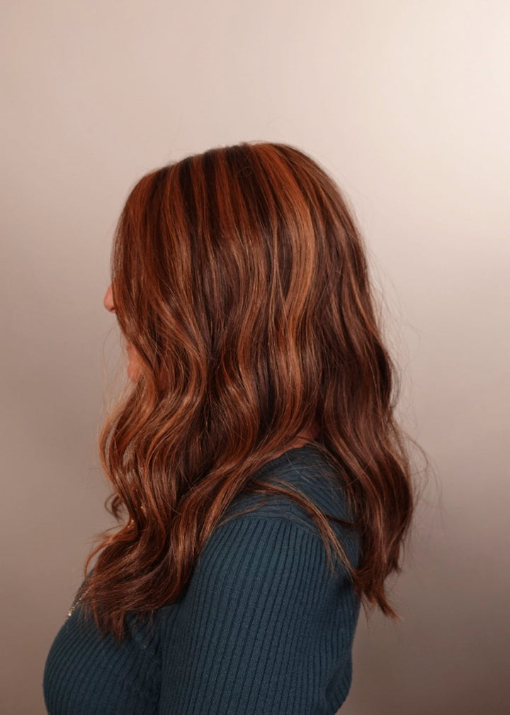 Frannie wearing Morgan in 6F27 Caramel Ribbon