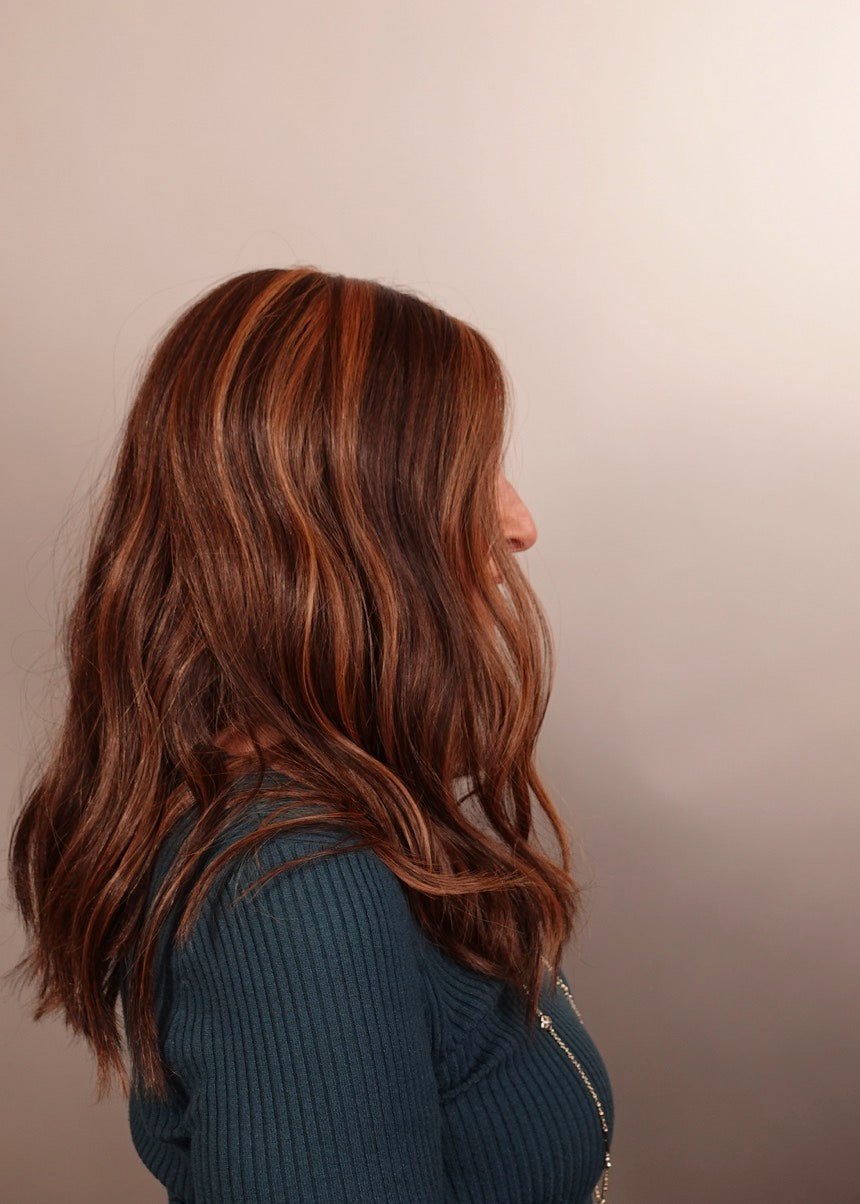Frannie wearing Morgan in 6F27 Caramel Ribbon