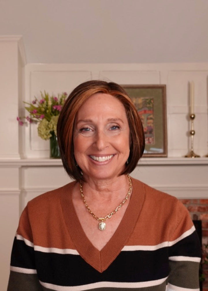 Frannie wearing Shelby in 6F27 Caramel Ribbon