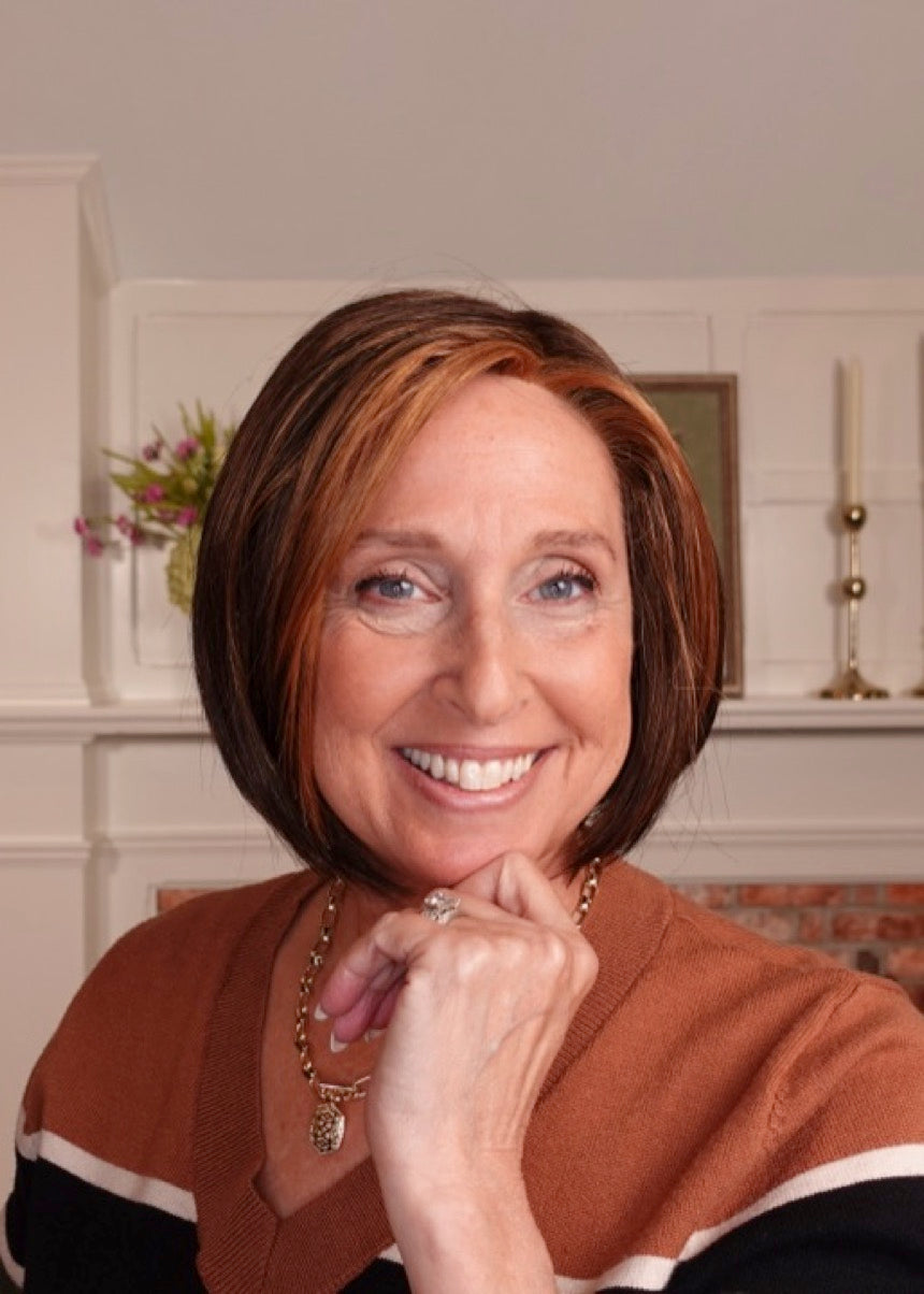 Frannie wearing Shelby in 6F27 Caramel Ribbon