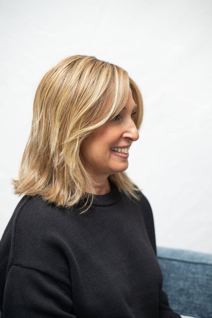 Frannie wearing Park Ave in Caramel Blonde-R